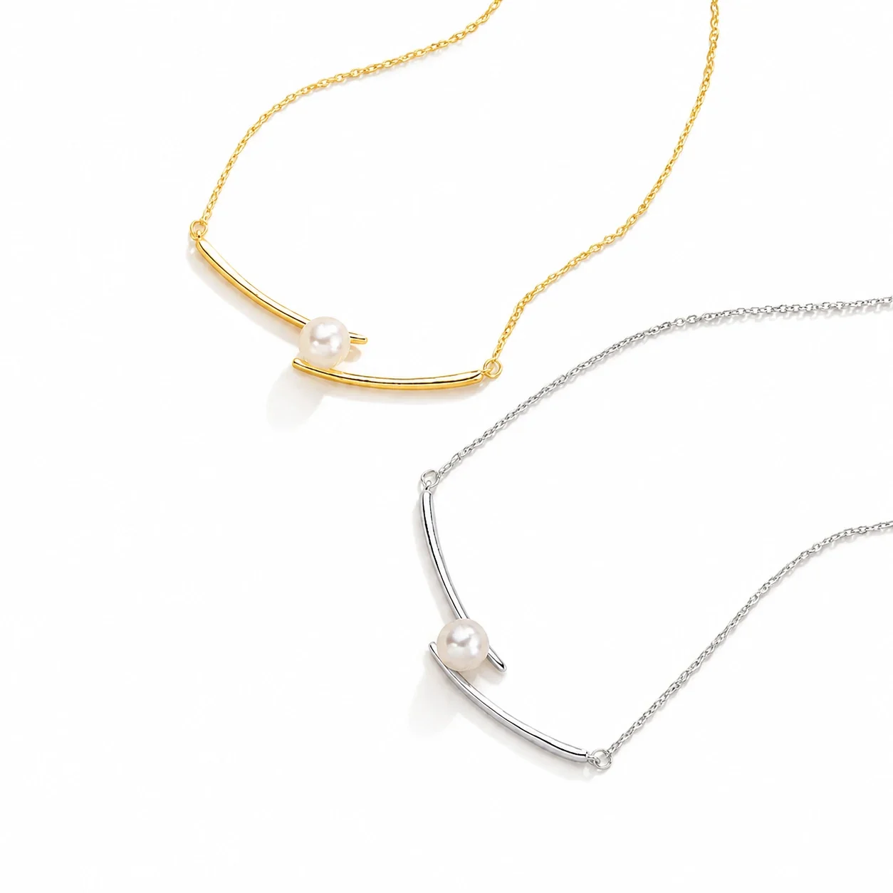 Graceful Curved Bar Pearl-Effect 925 Sterling Silver Necklace