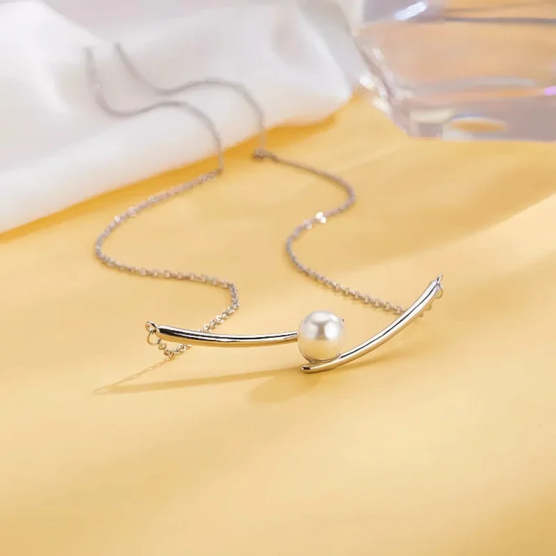 Graceful Curved Bar Pearl-Effect 925 Sterling Silver Necklace
