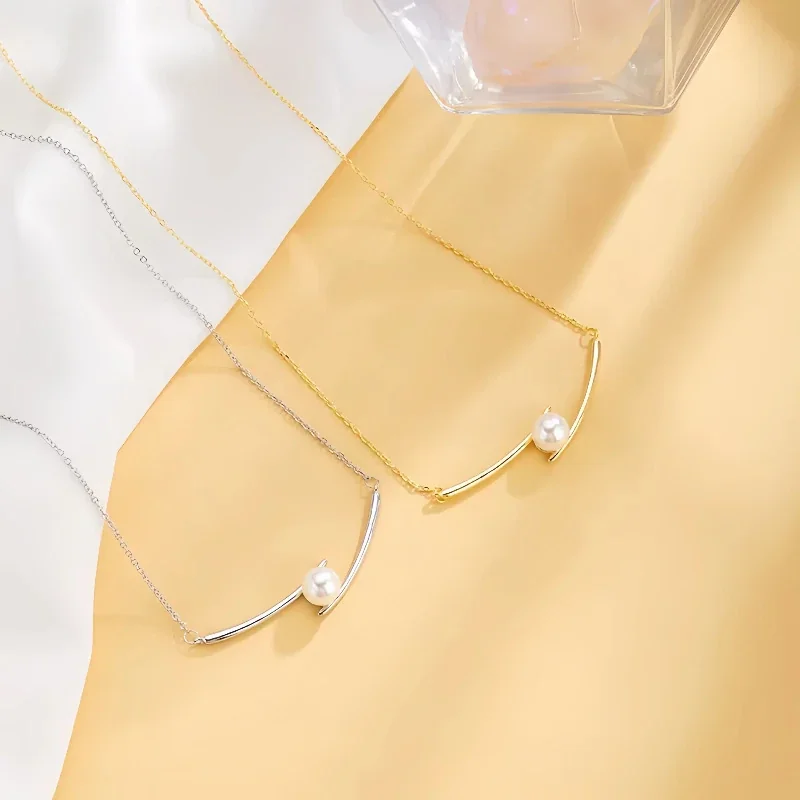 Graceful Curved Bar Pearl-Effect 925 Sterling Silver Necklace