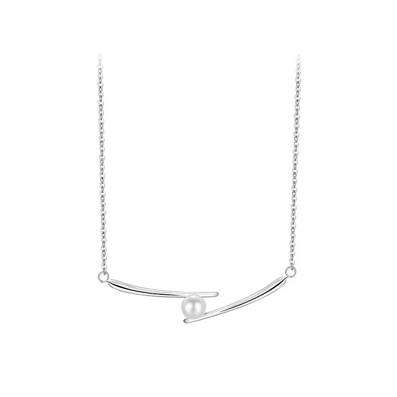 Graceful Curved Bar Pearl-Effect 925 Sterling Silver Necklace - Silver
