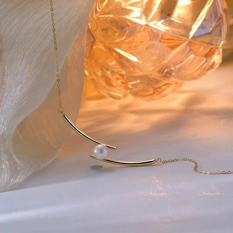 Graceful Curved Bar Pearl-Effect 925 Sterling Silver Necklace - Gold
