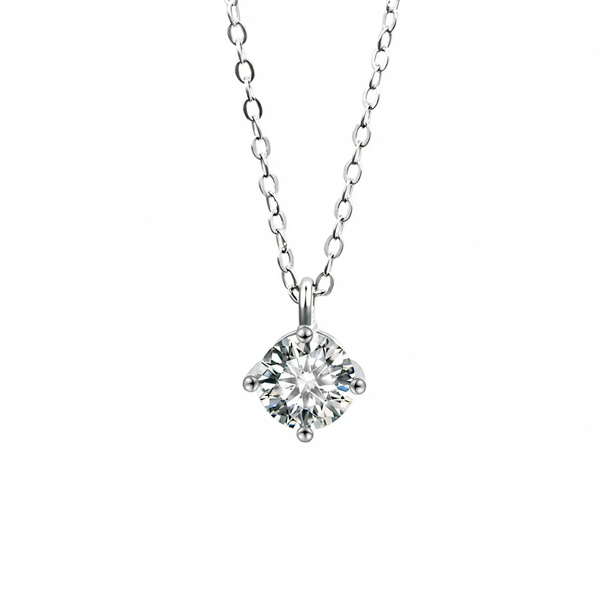 Polished Four-Prong Round 925 sterling silver Moissanite Necklace