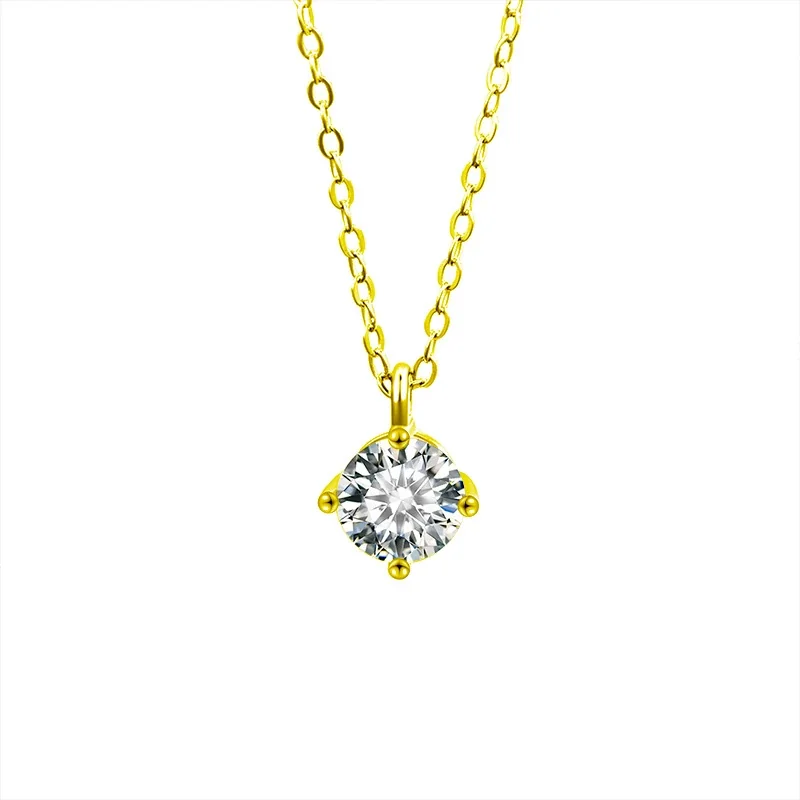 Polished Four-Prong Round 925 sterling silver Moissanite Necklace - Gold