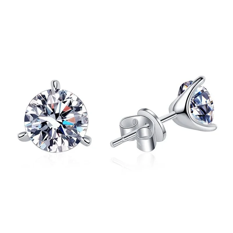 Refined 925 Sterling Silver Three-Prong Round Moissanite Stud Earrings