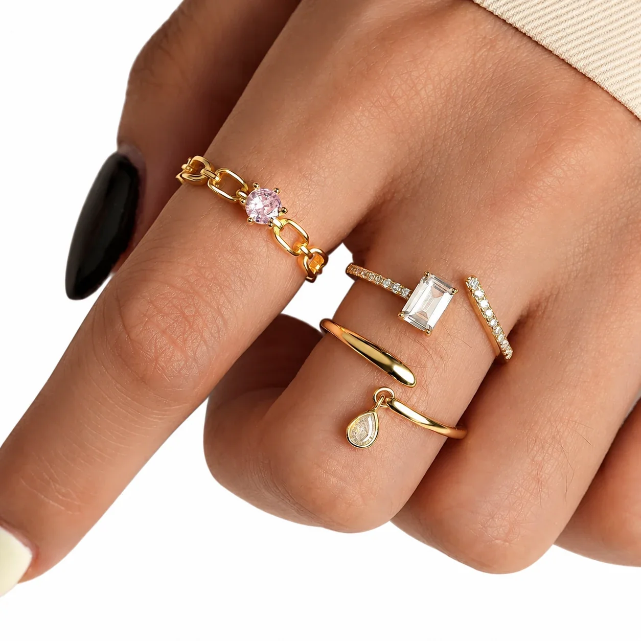 Geometric 925 Sterling Silver Open-Link Pink Stone Ring
