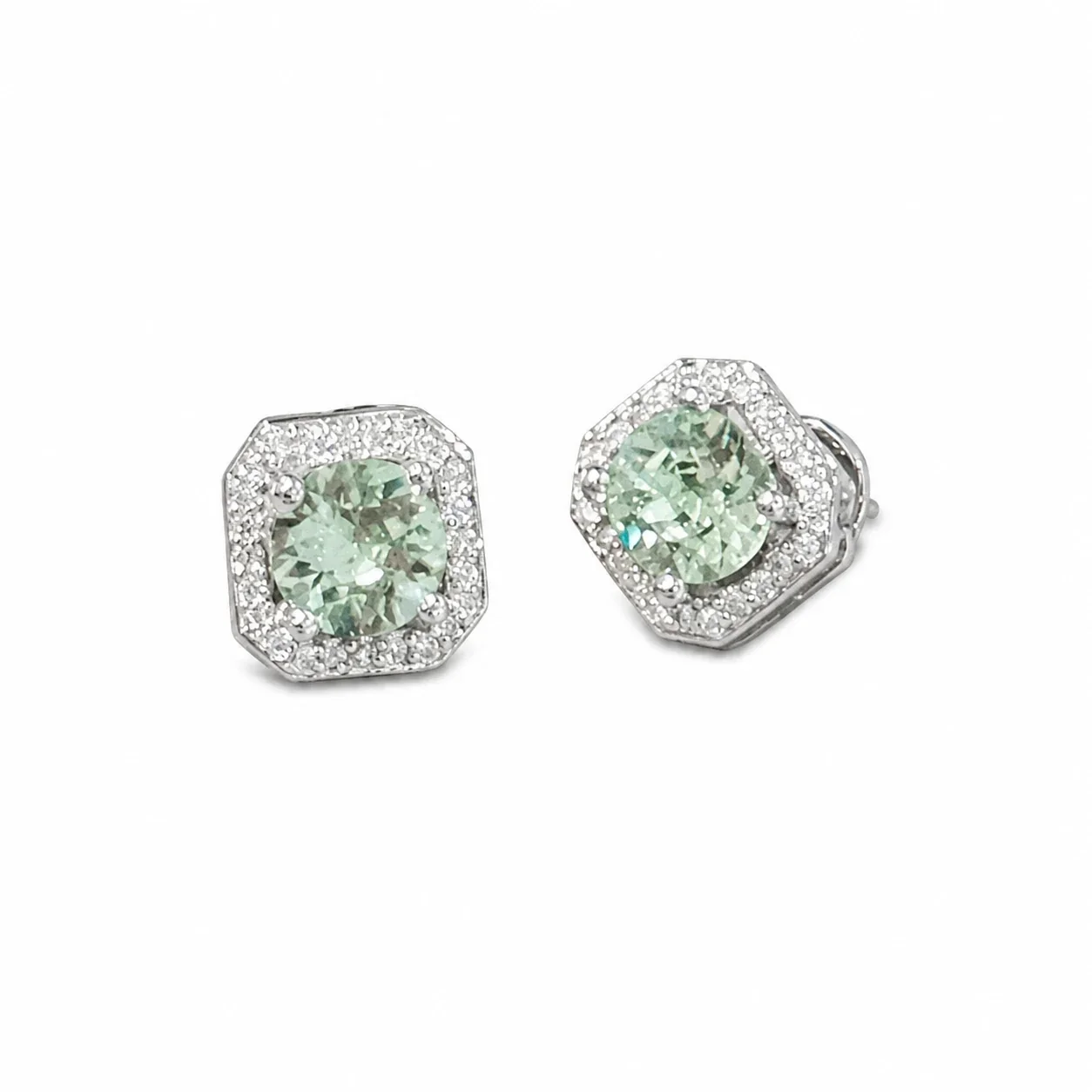 Luminous Silver-Plated Mint Round Halo Copper Stud Earrings