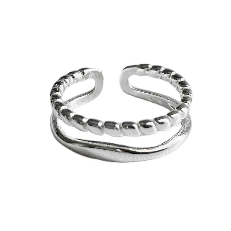 Sleek 925 Sterling Silver Beaded Double-Row Open Ring