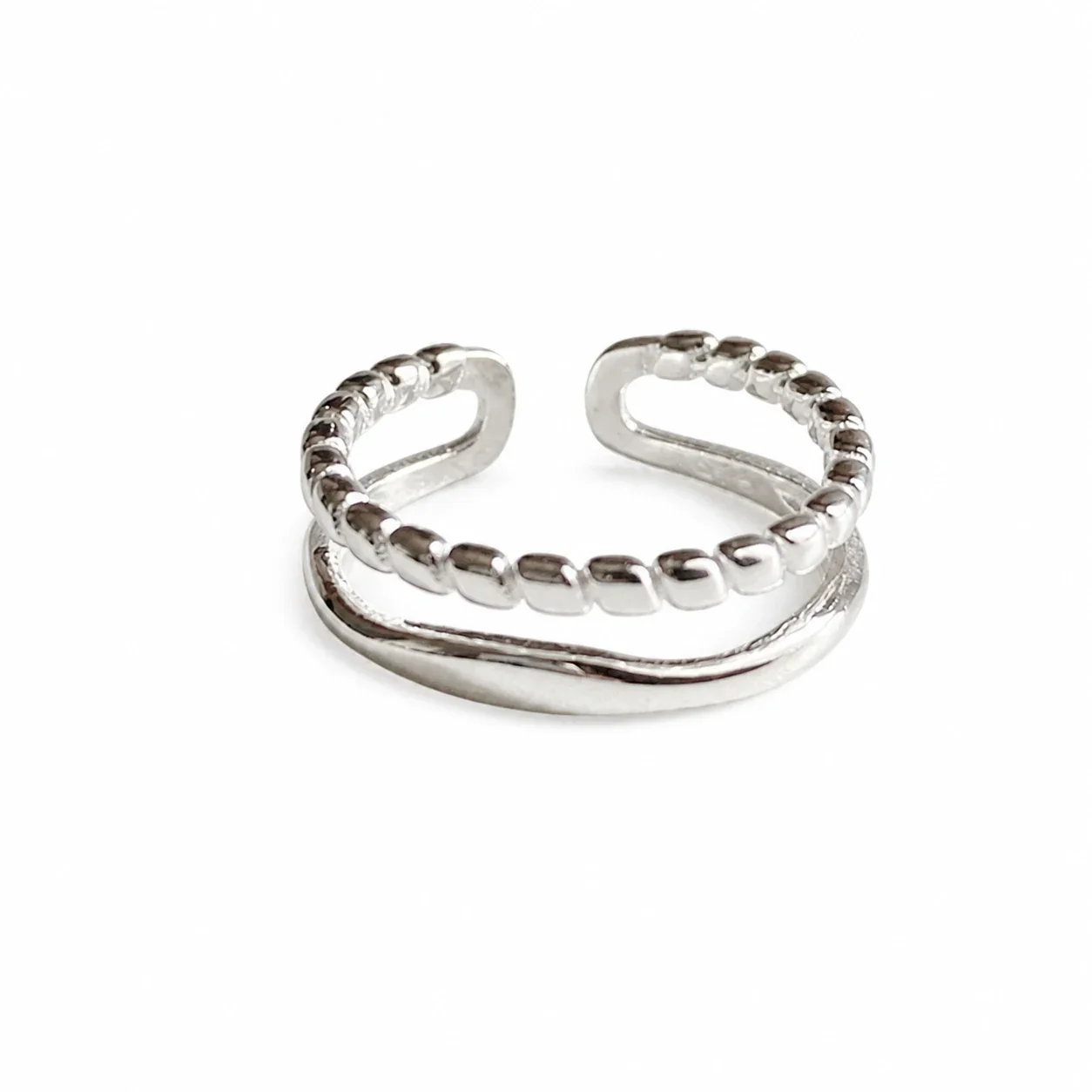 Sleek 925 Sterling Silver Beaded Double-Row Open Ring