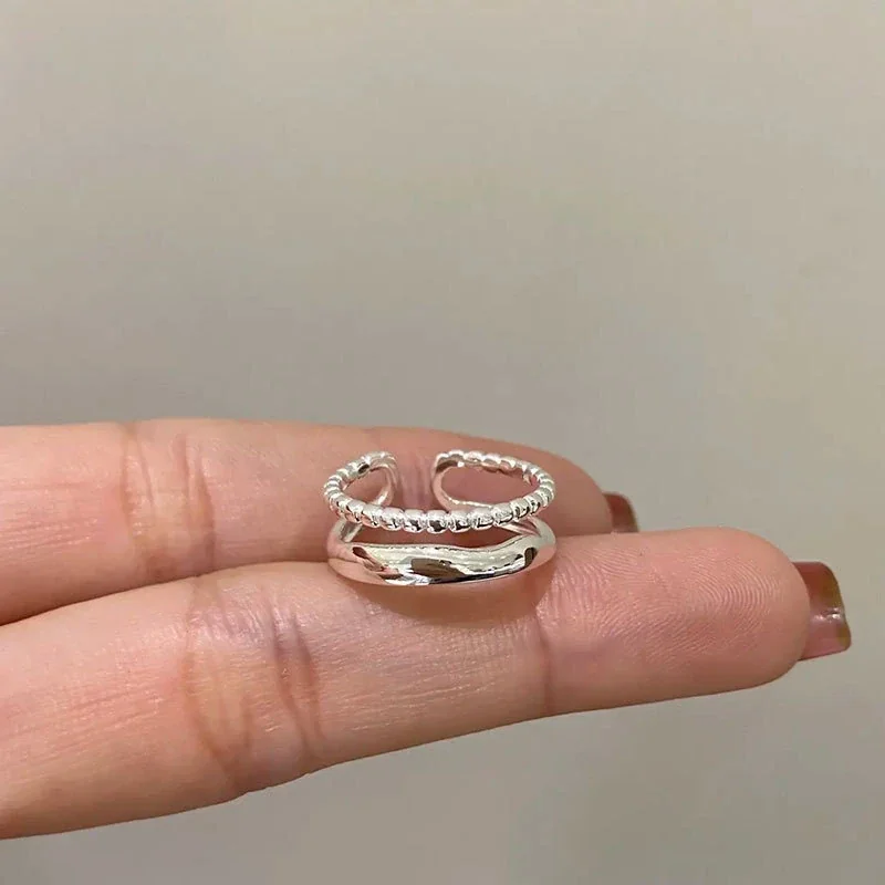 Sleek 925 Sterling Silver Beaded Double-Row Open Ring
