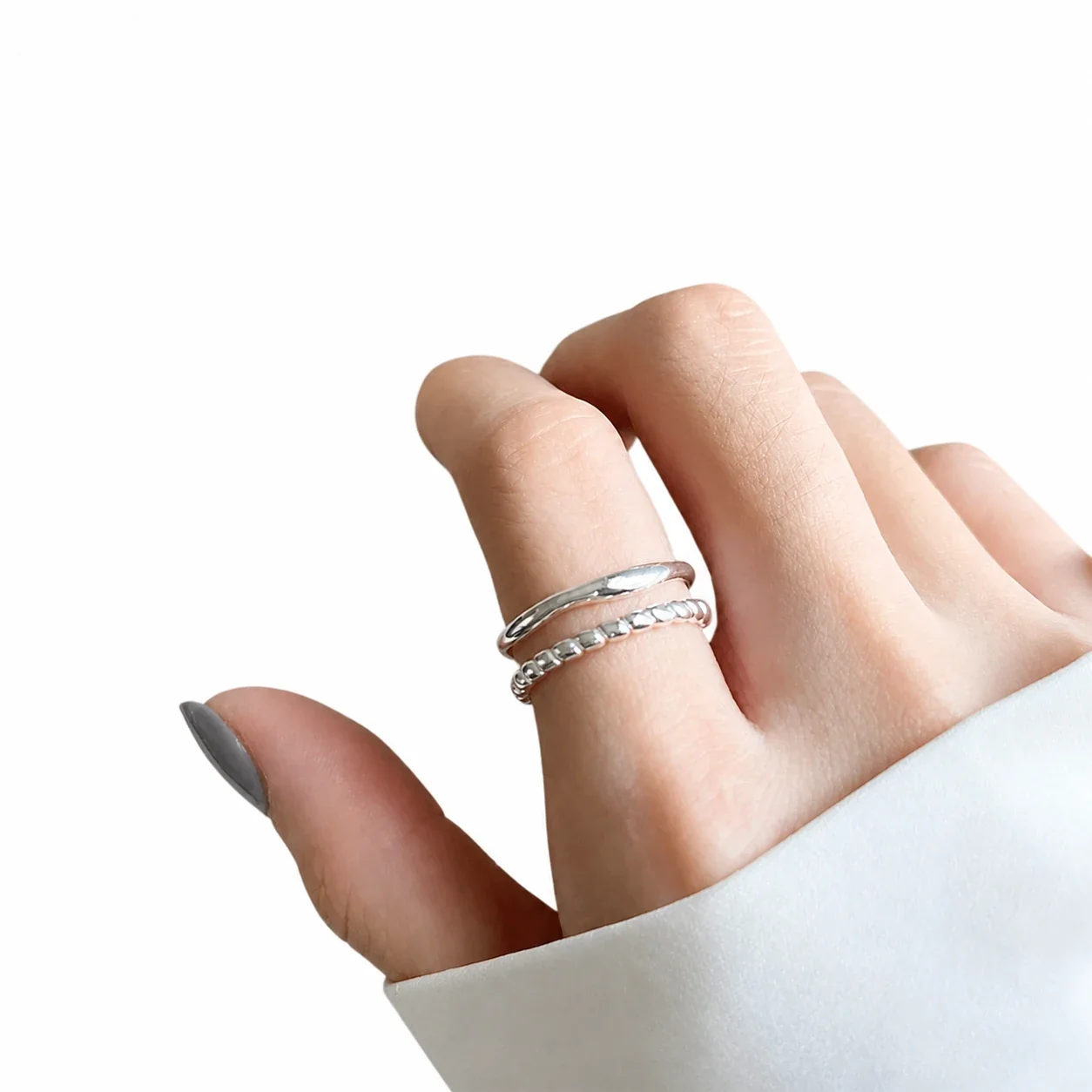 Sleek 925 Sterling Silver Beaded Double-Row Open Ring