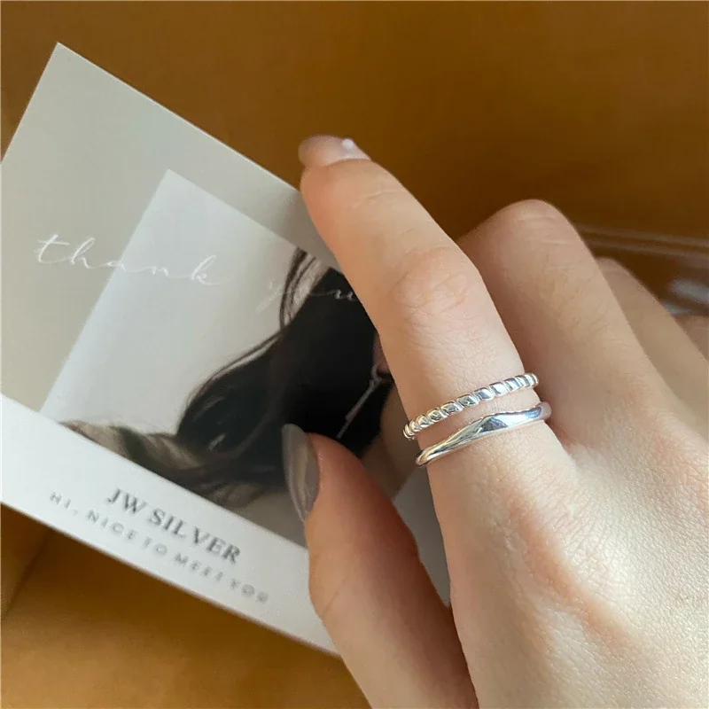 Sleek 925 Sterling Silver Beaded Double-Row Open Ring