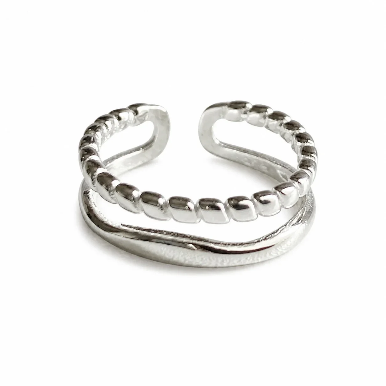 Sleek 925 Sterling Silver Beaded Double-Row Open Ring - Silver