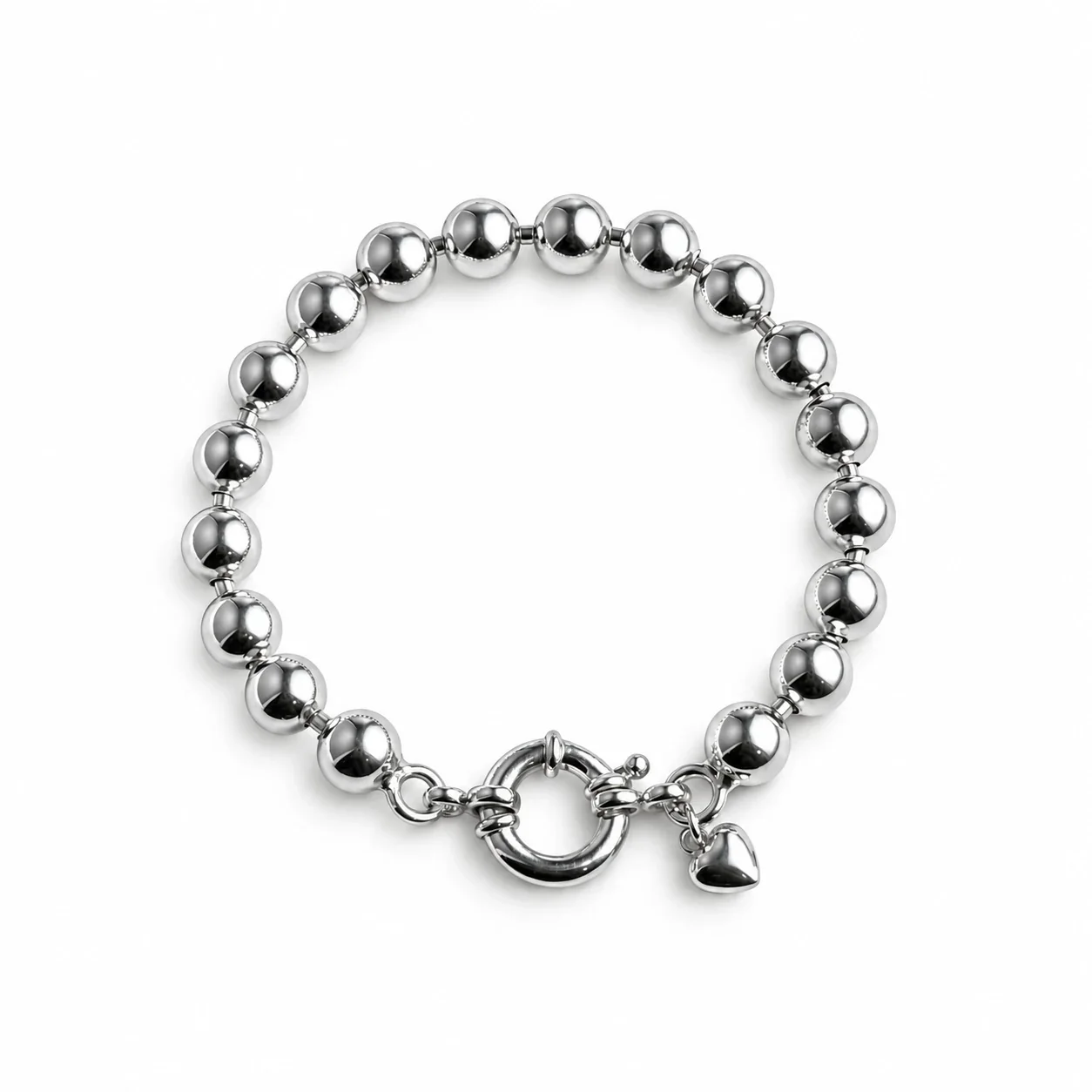 Polished 925 Sterling Silver Round Bead Heart Bracelet