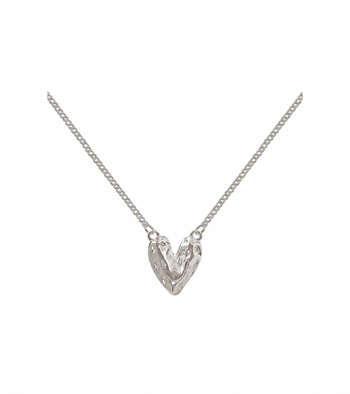 Sculptural 925 Sterling Silver Lava Heart Pendant Necklace - Silver with PE Box