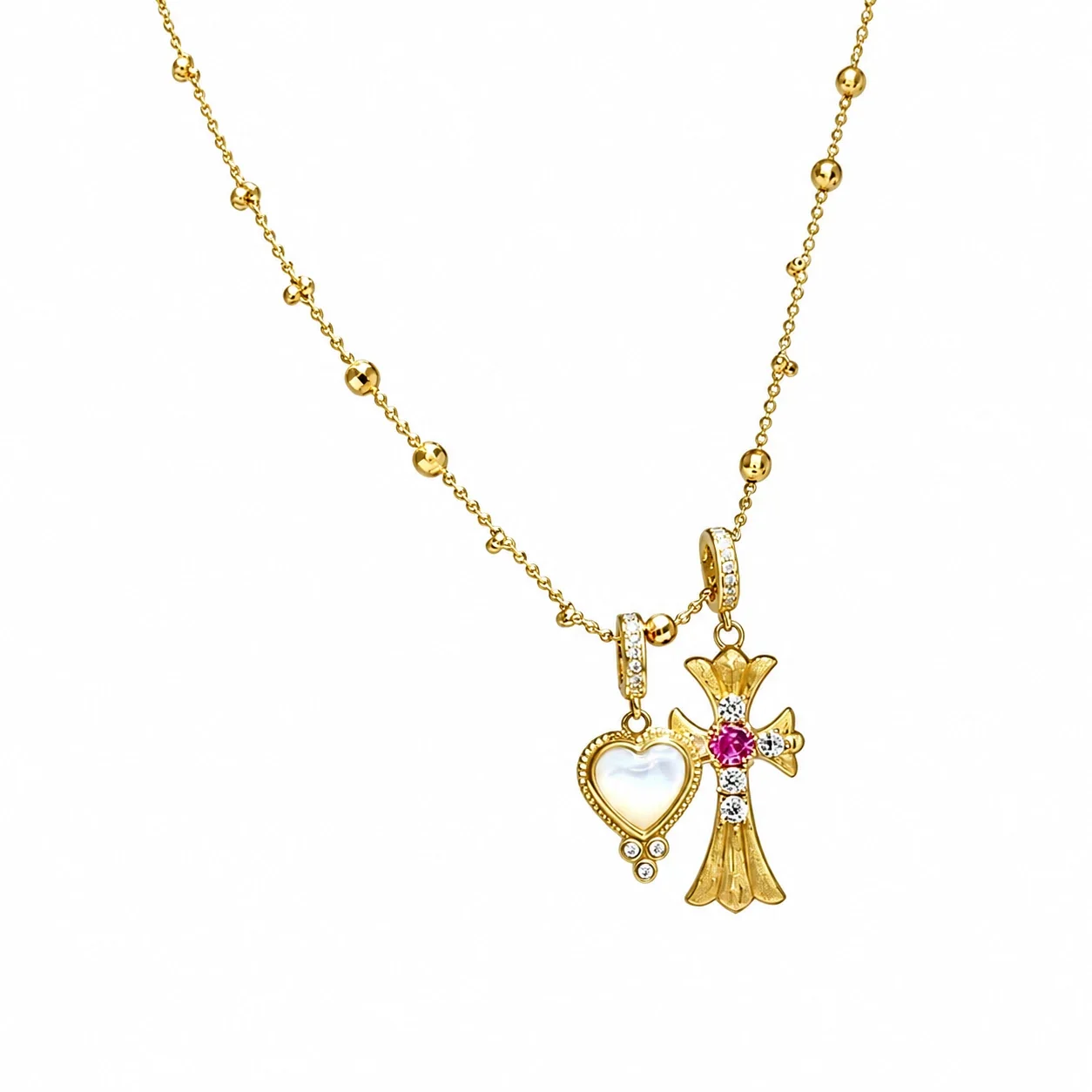 Ornate 925 Sterling Silver Heart and Cross Pendant Necklace