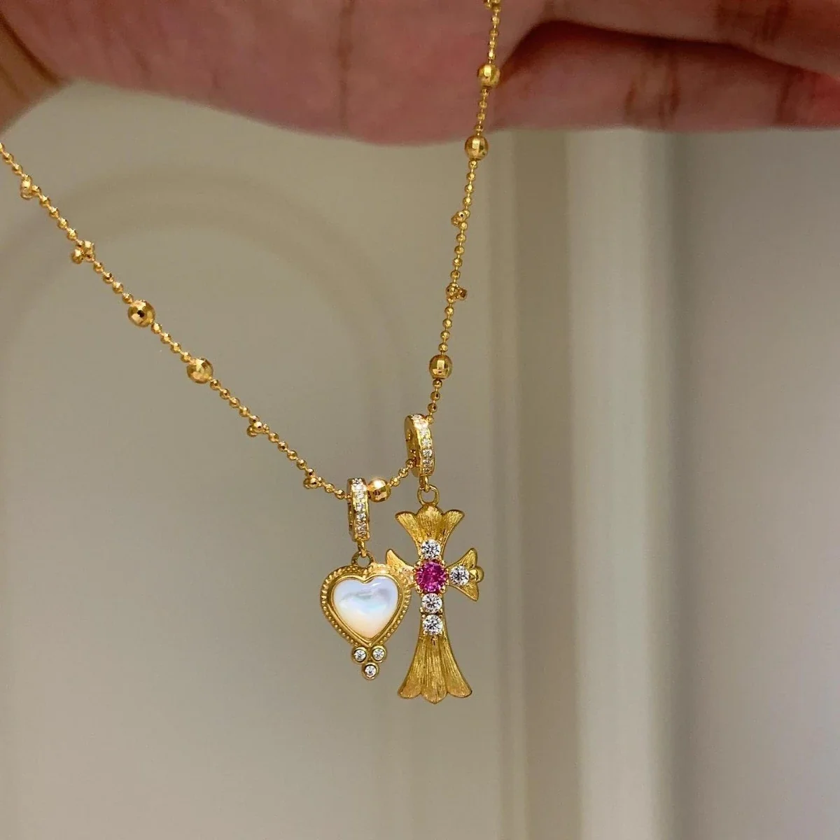 Ornate 925 Sterling Silver Heart and Cross Pendant Necklace