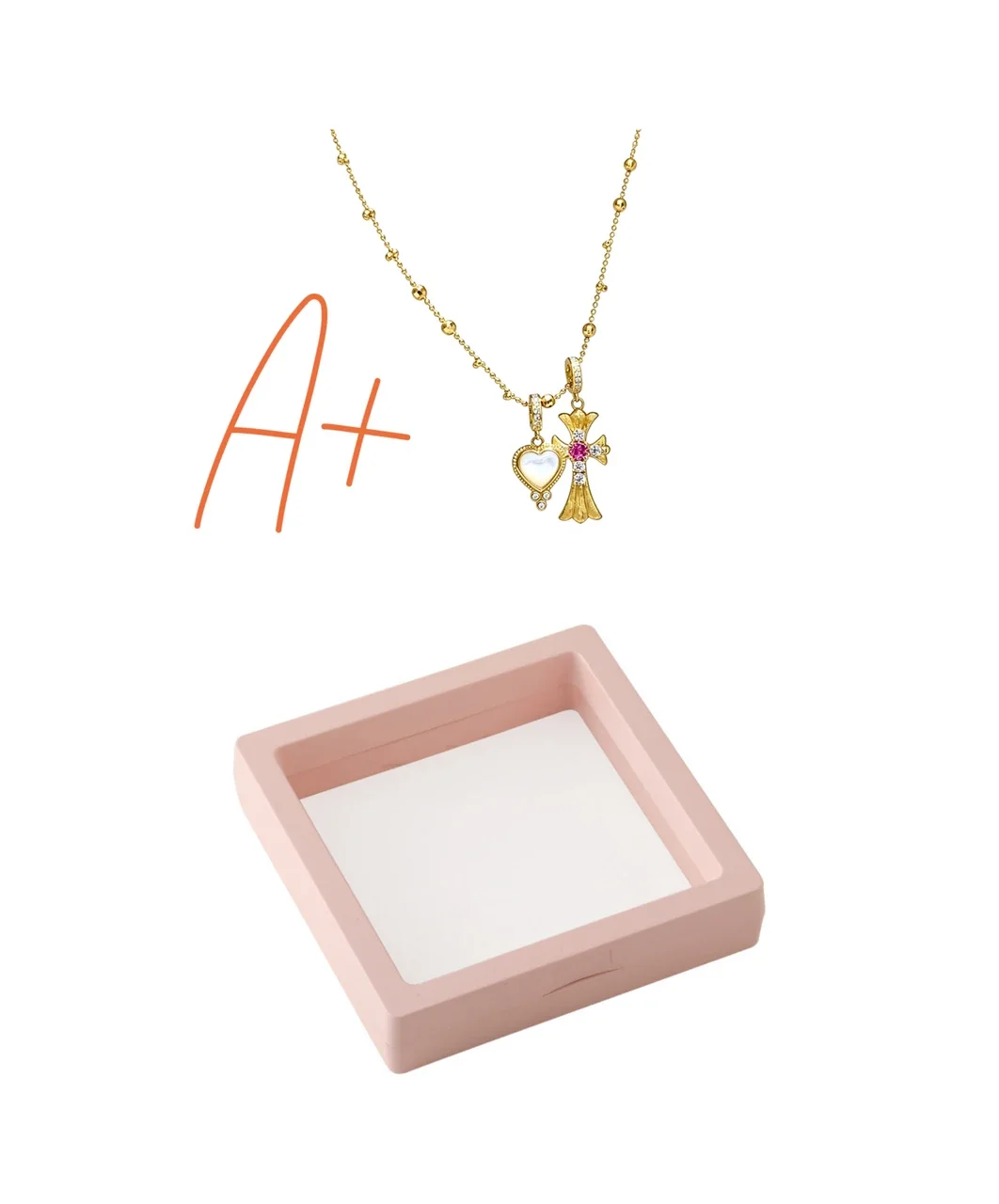 Ornate 925 Sterling Silver Heart and Cross Pendant Necklace - Gold with PE Box