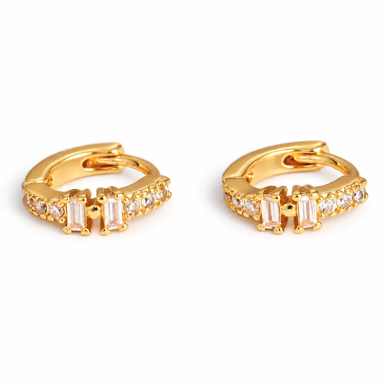 Geometric Copper Baguette and Pavé Huggie Hoop Earrings