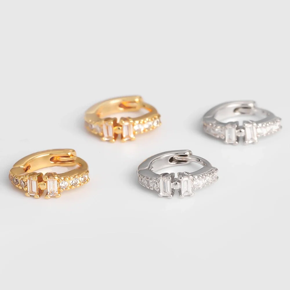 Geometric Copper Baguette and Pavé Huggie Hoop Earrings