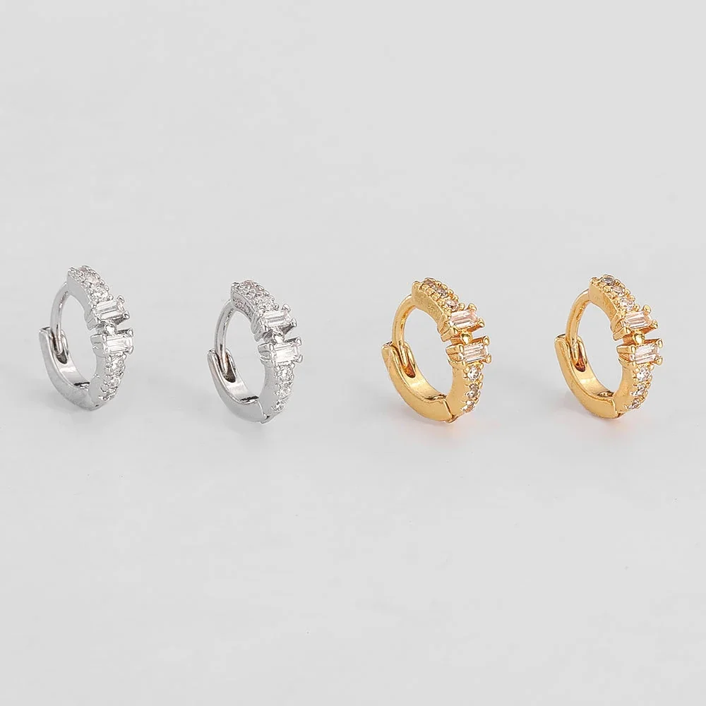 Geometric Copper Baguette and Pavé Huggie Hoop Earrings