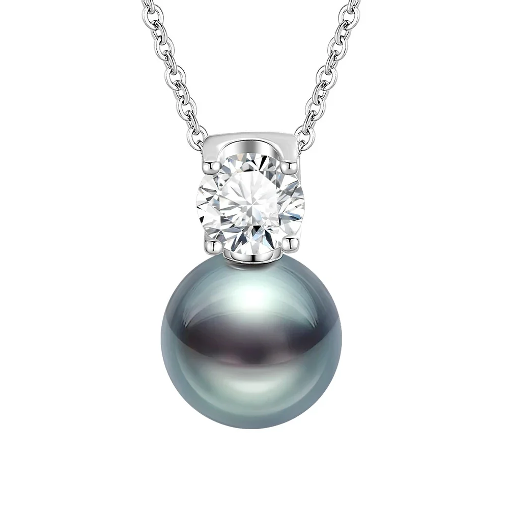 Luminous 925 Sterling Silver Pearl and Prong-Set Stone Necklace - Black Pearl
