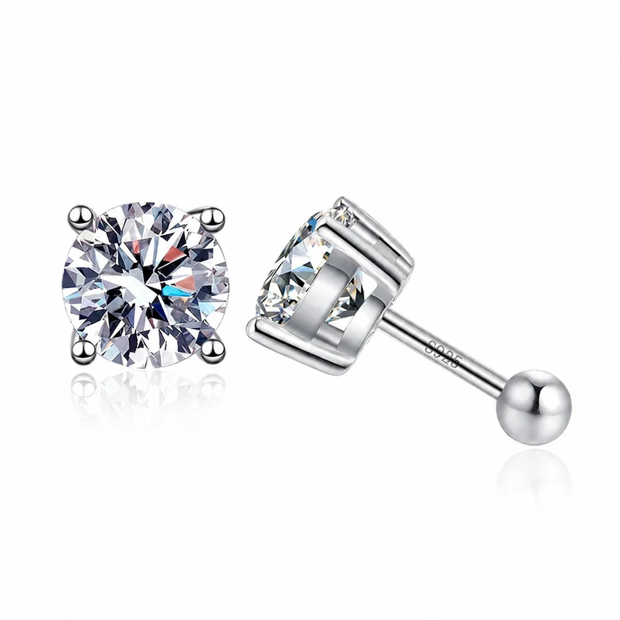 Brilliant Silver-Plated Four-Prong Round Moissanite Stud Earrings