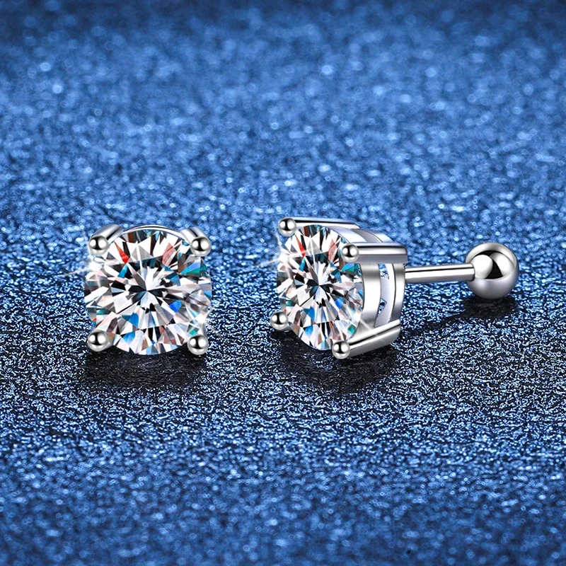 Brilliant Silver-Plated Four-Prong Round Moissanite Stud Earrings