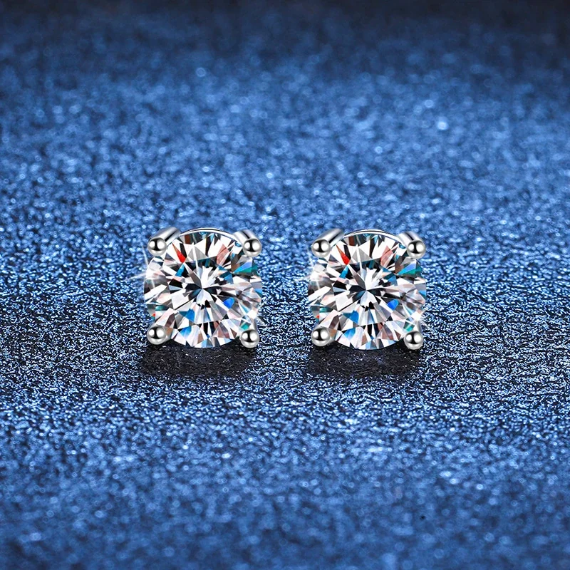Brilliant Silver-Plated Four-Prong Round Moissanite Stud Earrings
