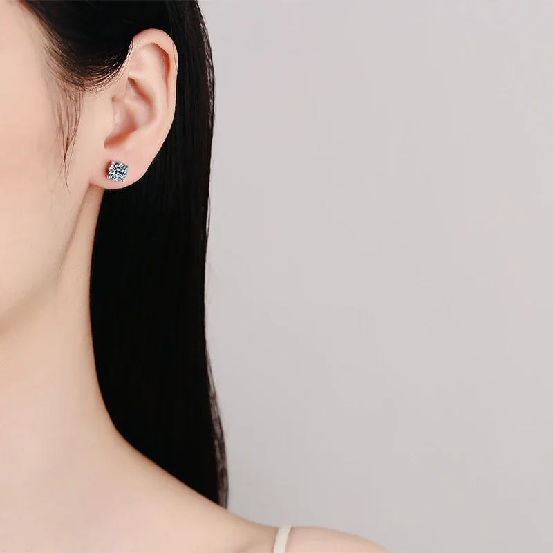 Brilliant Silver-Plated Four-Prong Round Moissanite Stud Earrings
