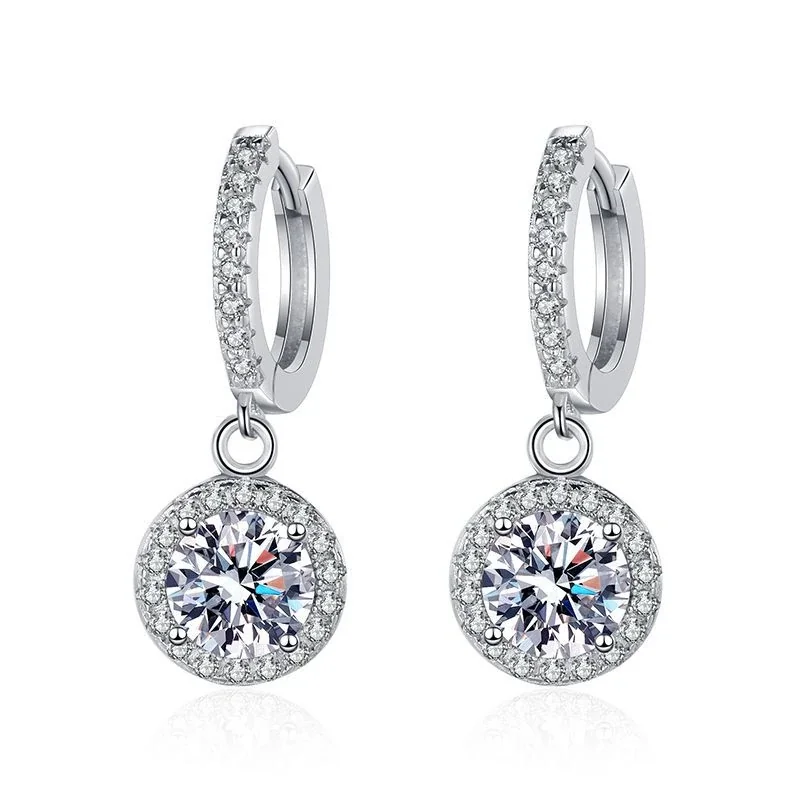 Sparkling Pavé Huggie Round Halo 925 Sterling Silver Drop Earrings