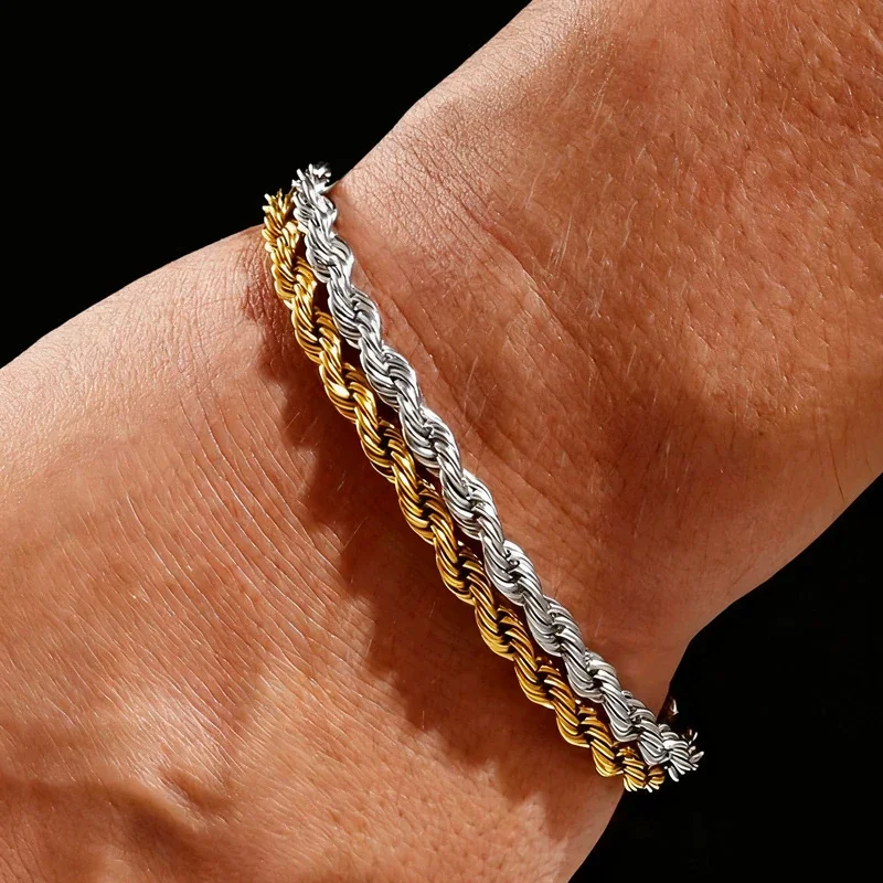 Bold Twisted Rope-Link Gold-Plated Stainless Steel Bracelet