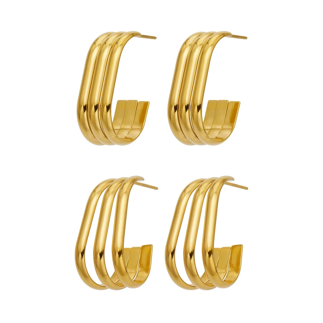 Sculptural Triple-Rib Stainless Steel Hoop Earrings