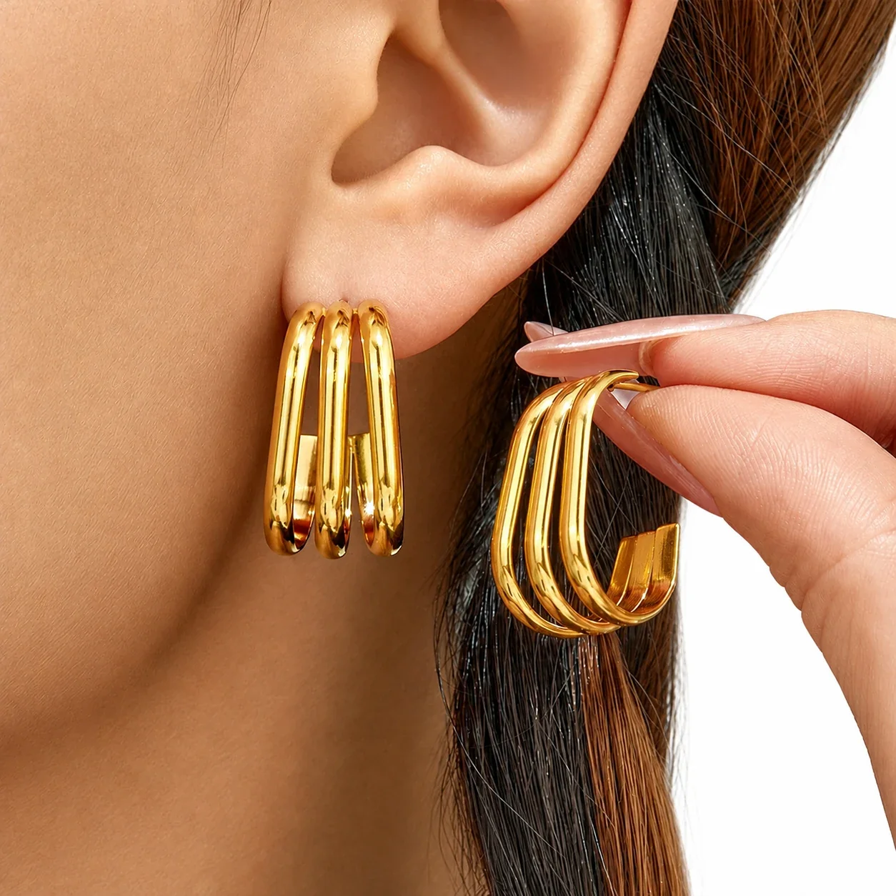 Sculptural Triple-Rib Stainless Steel Hoop Earrings