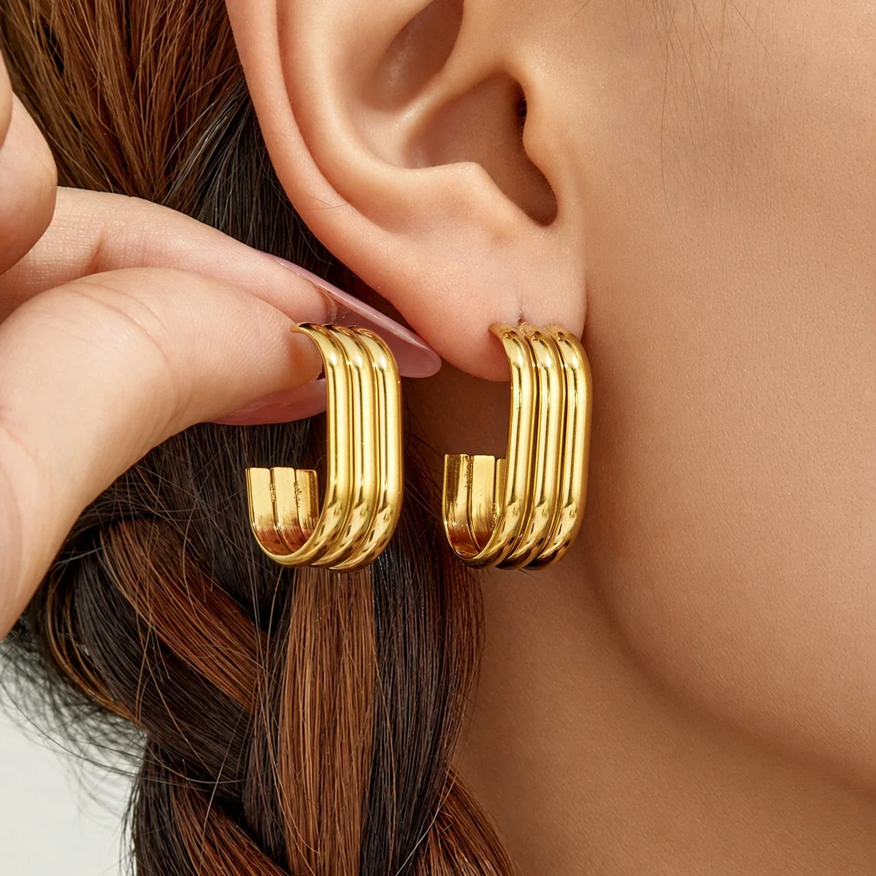 Sculptural Triple-Rib Stainless Steel Hoop Earrings