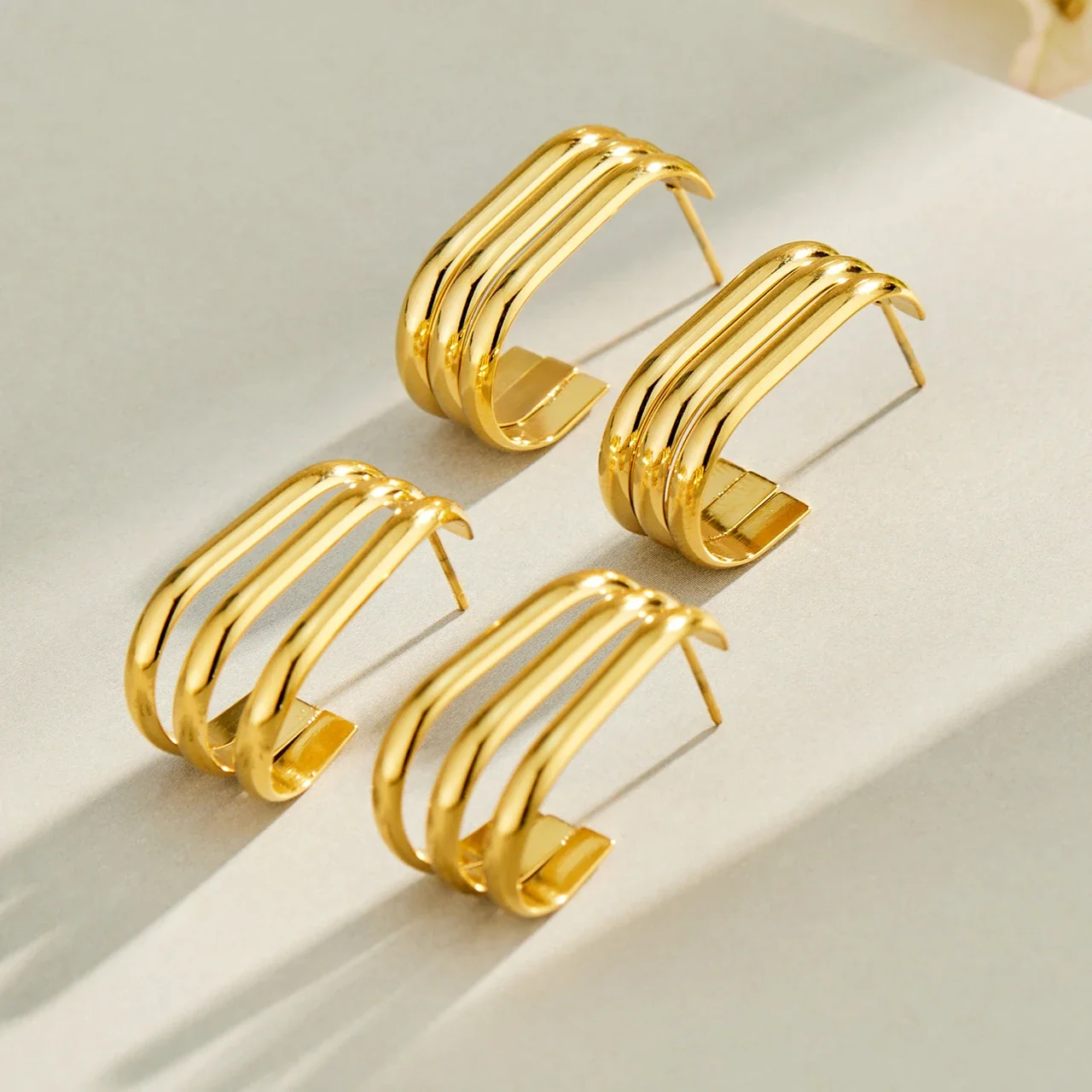 Sculptural Triple-Rib Stainless Steel Hoop Earrings