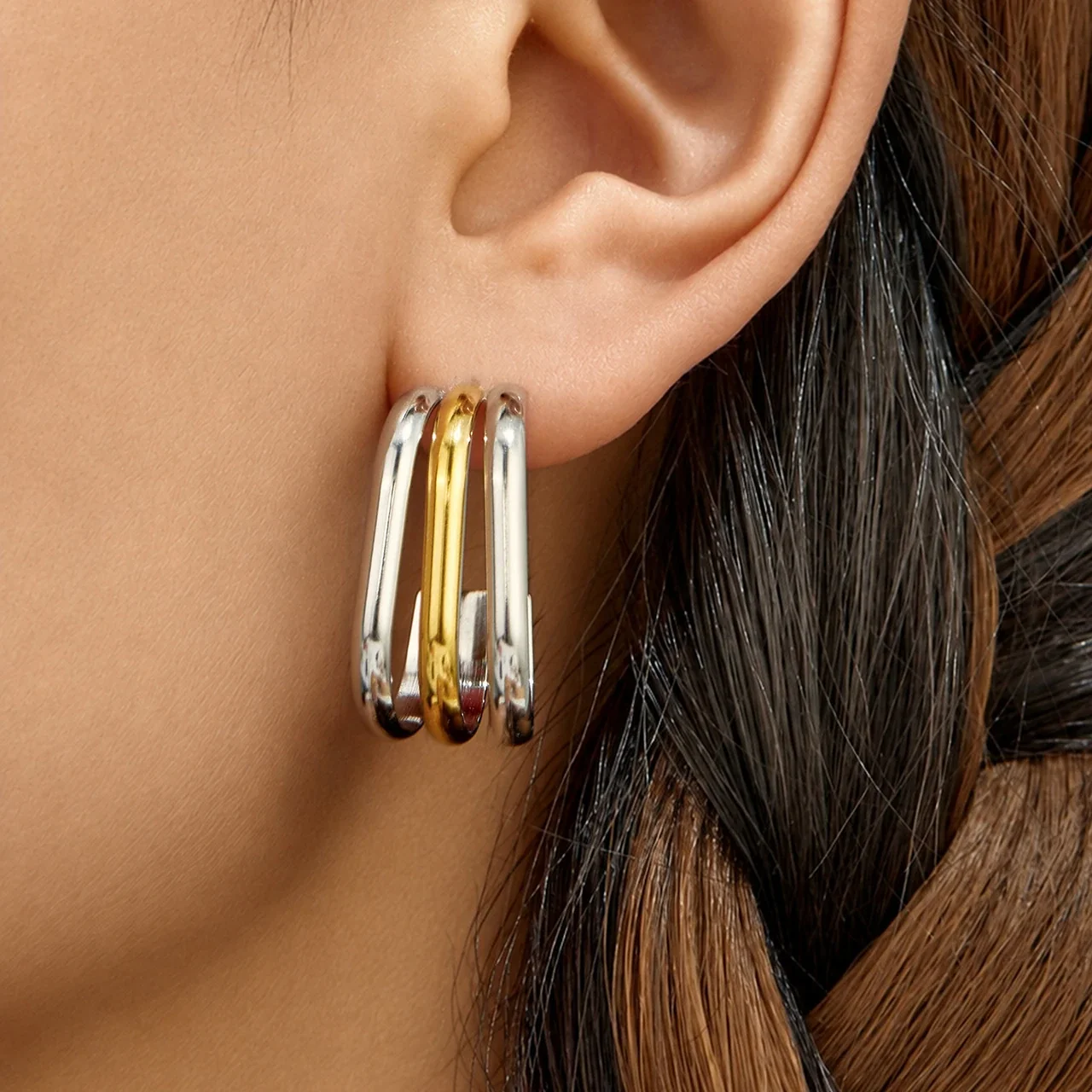 Sculptural Triple-Rib Stainless Steel Hoop Earrings