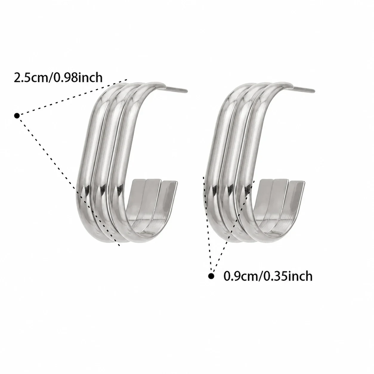 Sculptural Triple-Rib Stainless Steel Hoop Earrings - Silver A