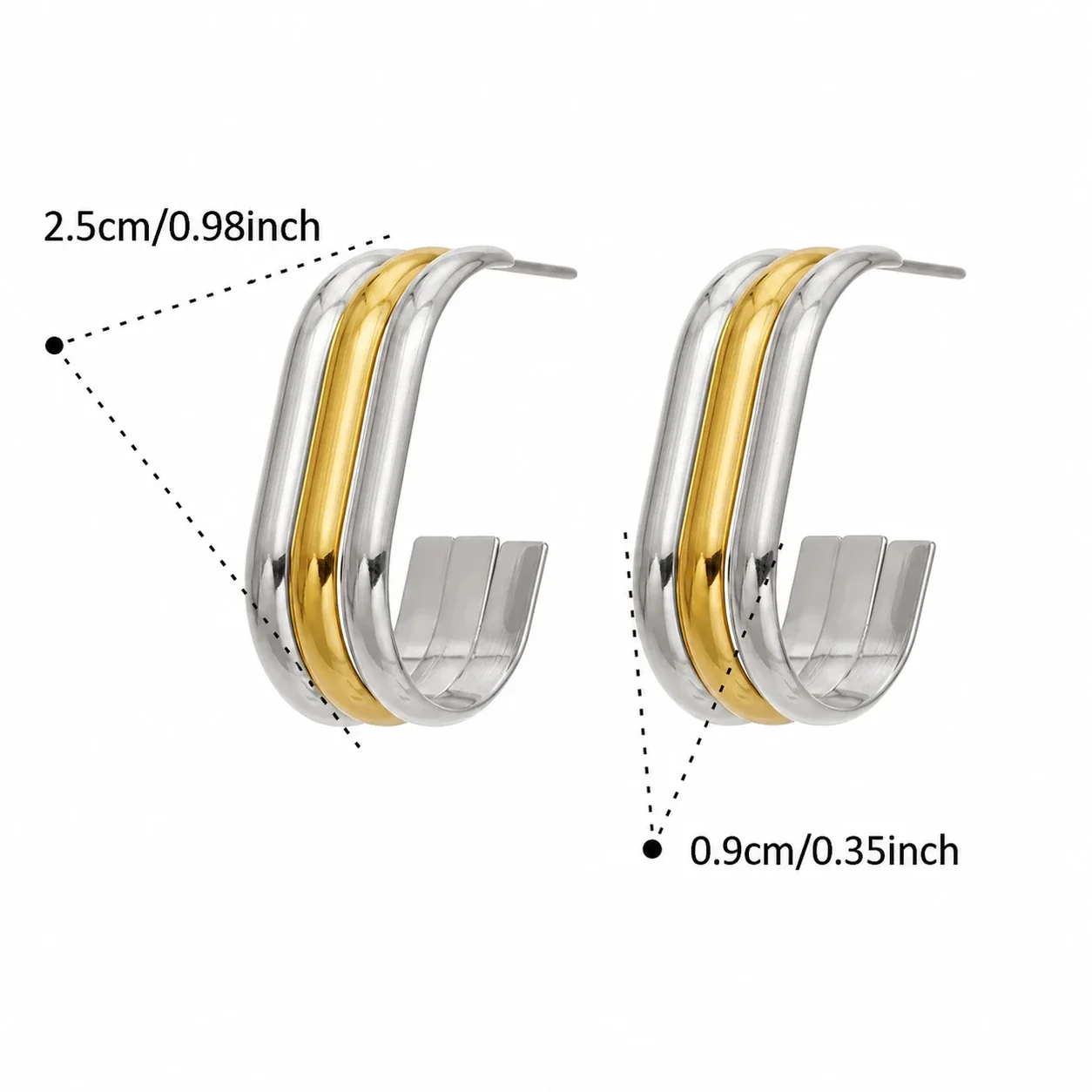 Sculptural Triple-Rib Stainless Steel Hoop Earrings - Two-Tone A