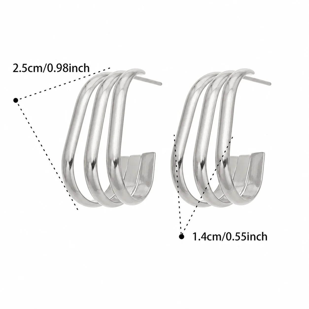 Sculptural Triple-Rib Stainless Steel Hoop Earrings - Silver B