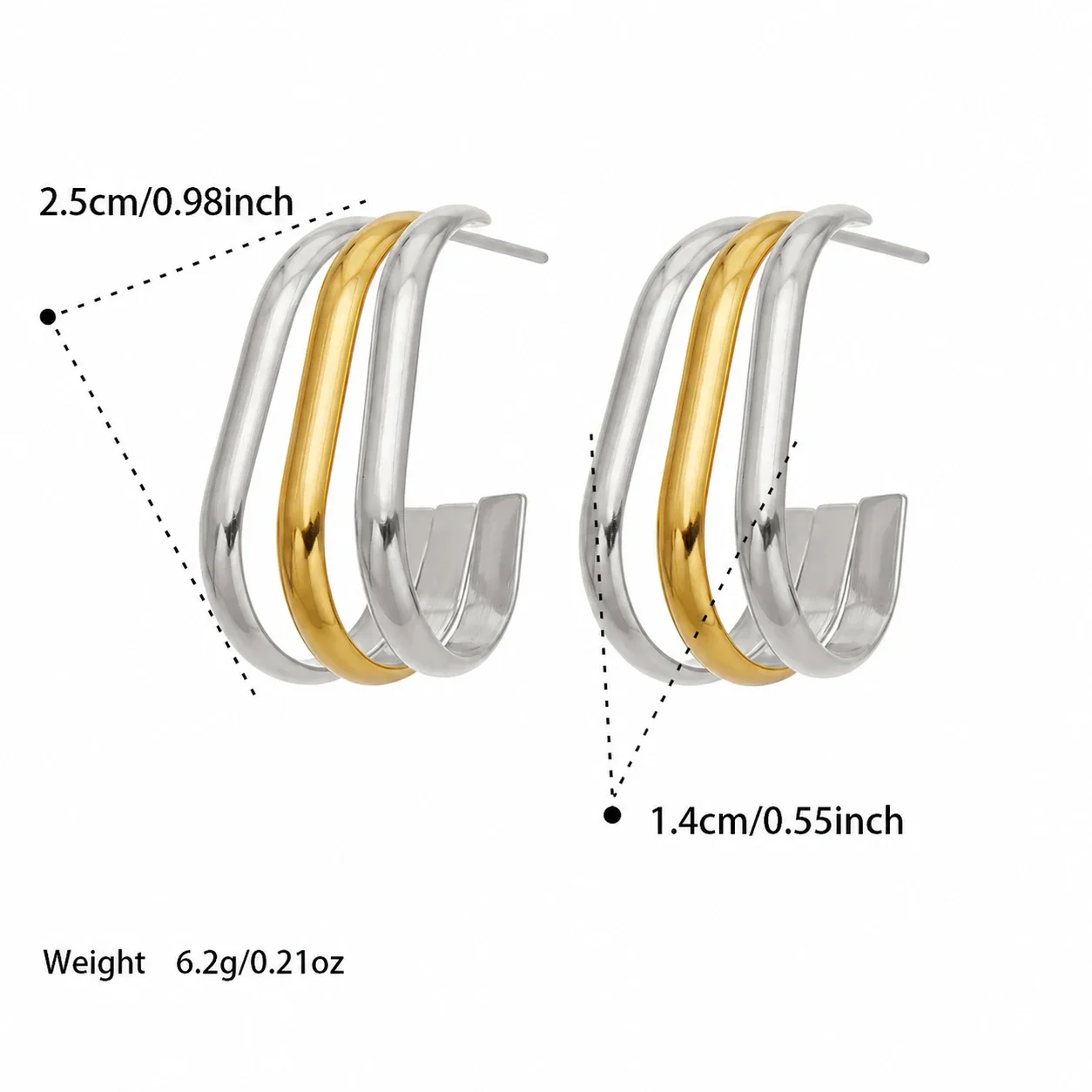 Sculptural Triple-Rib Stainless Steel Hoop Earrings - Two-Tone B