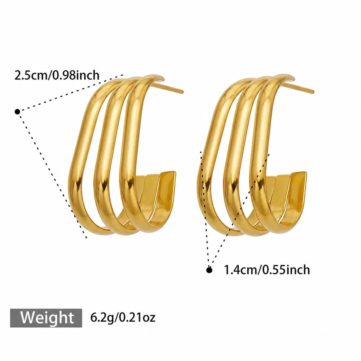 Sculptural Triple-Rib Stainless Steel Hoop Earrings - Gold B