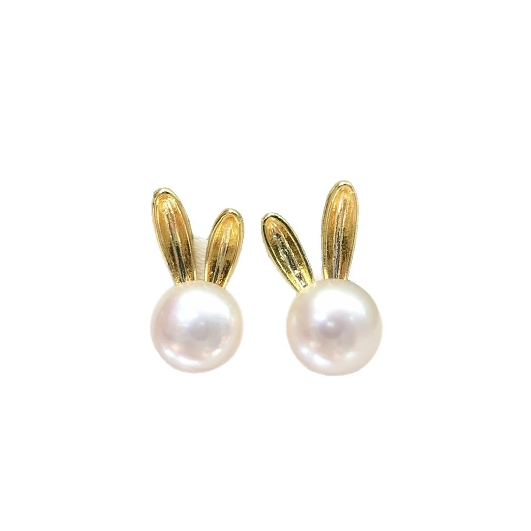 Whimsical Gold-Plated Ribbed Bunny Ear Freshwater Pearl Stud Earrings