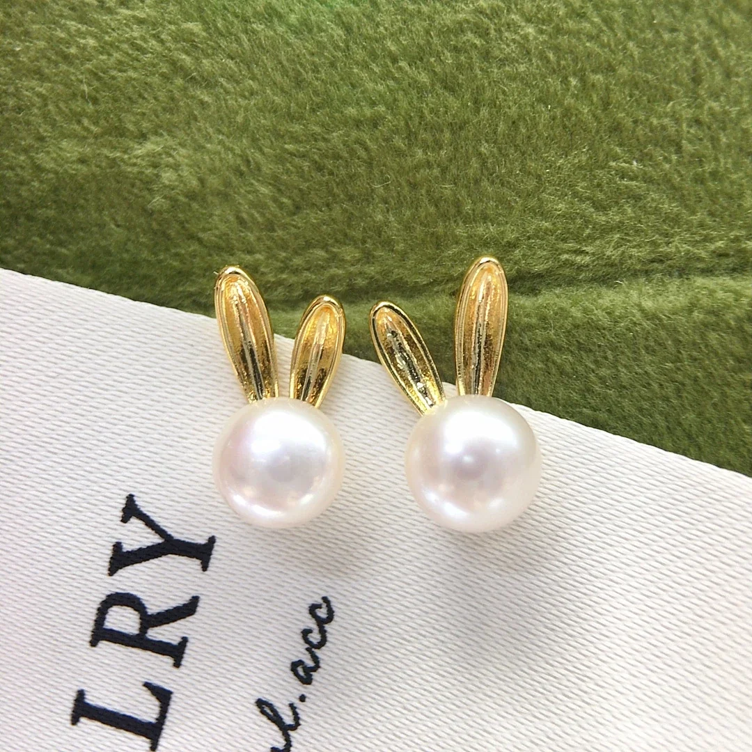Whimsical Gold-Plated Ribbed Bunny Ear Freshwater Pearl Stud Earrings