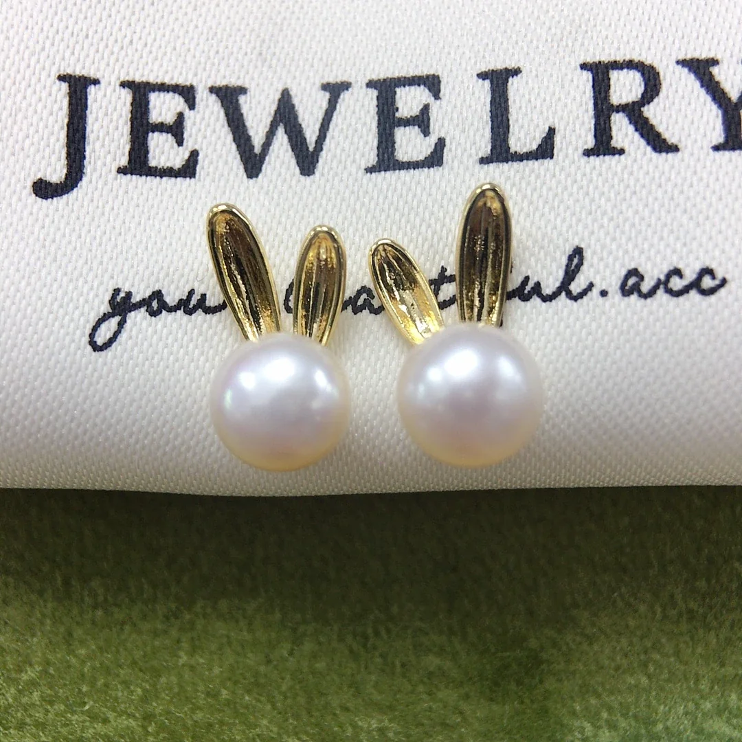 Whimsical Gold-Plated Ribbed Bunny Ear Freshwater Pearl Stud Earrings