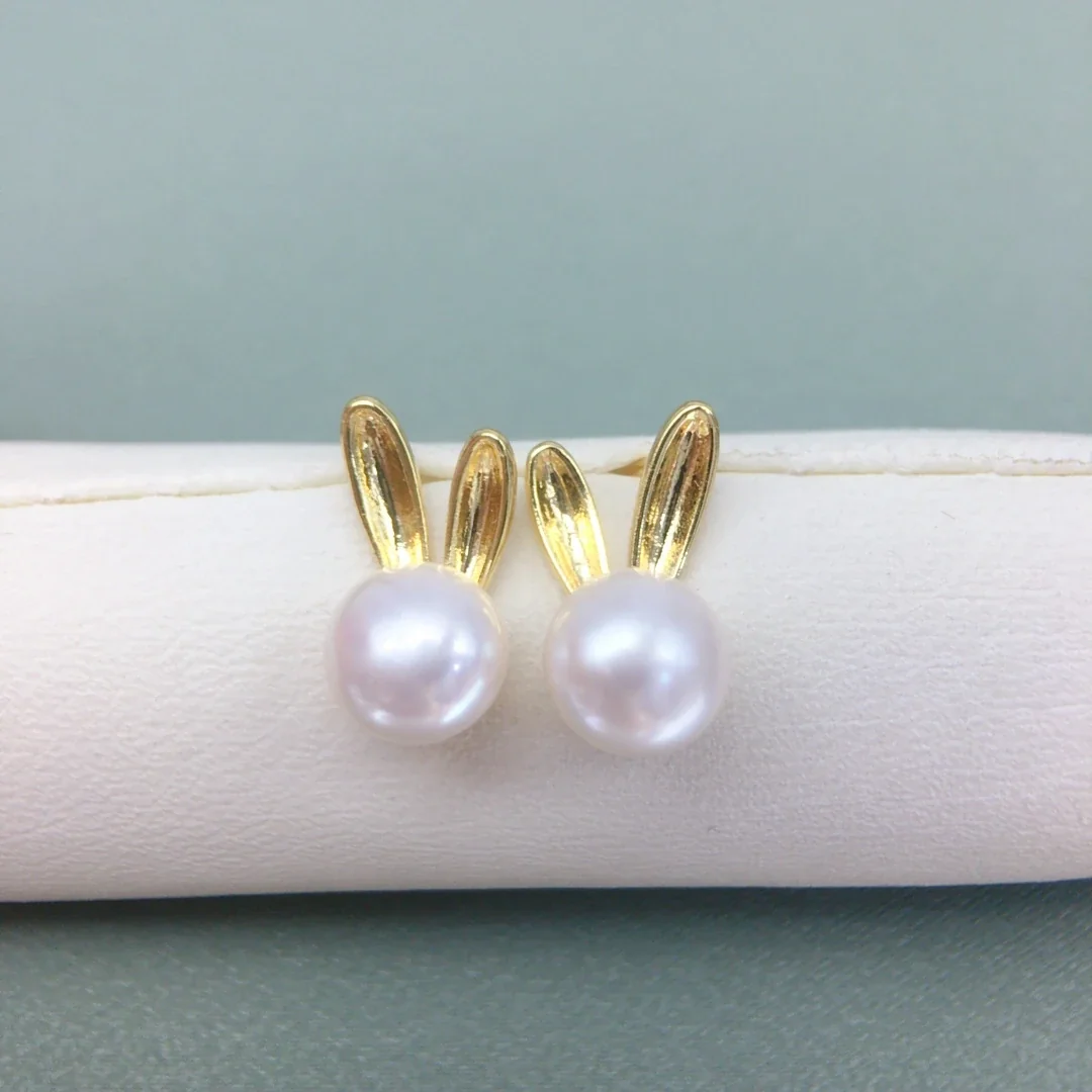 Whimsical Gold-Plated Ribbed Bunny Ear Freshwater Pearl Stud Earrings