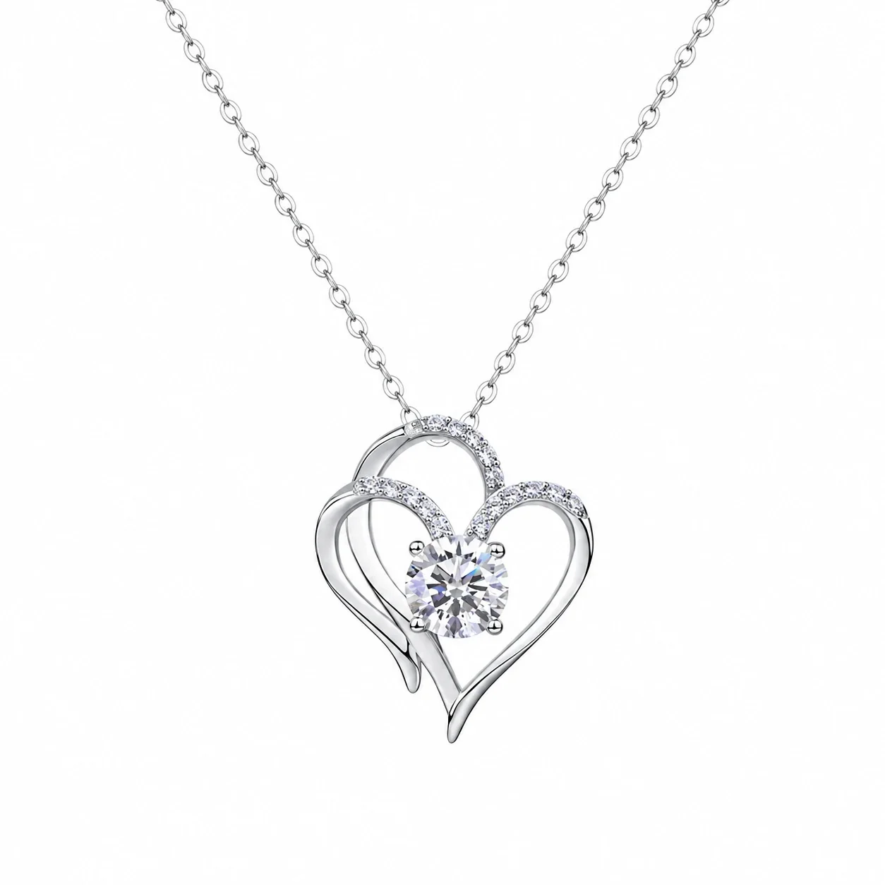 Intertwined Heart Pavé 925 Sterling Silver Moissanite Necklace - Silver 1 ct Moissanite Heart with GRA Document