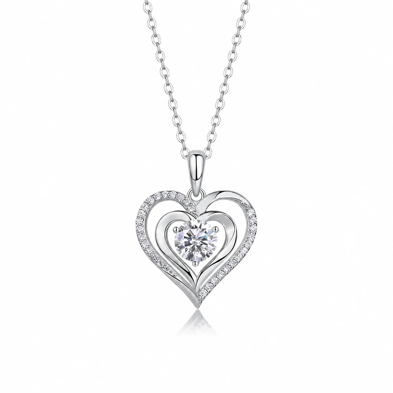 Intertwined Heart Pavé 925 Sterling Silver Moissanite Necklace - Silver 6.5 mm / 1 ct Moissanite Heart with GRA Document