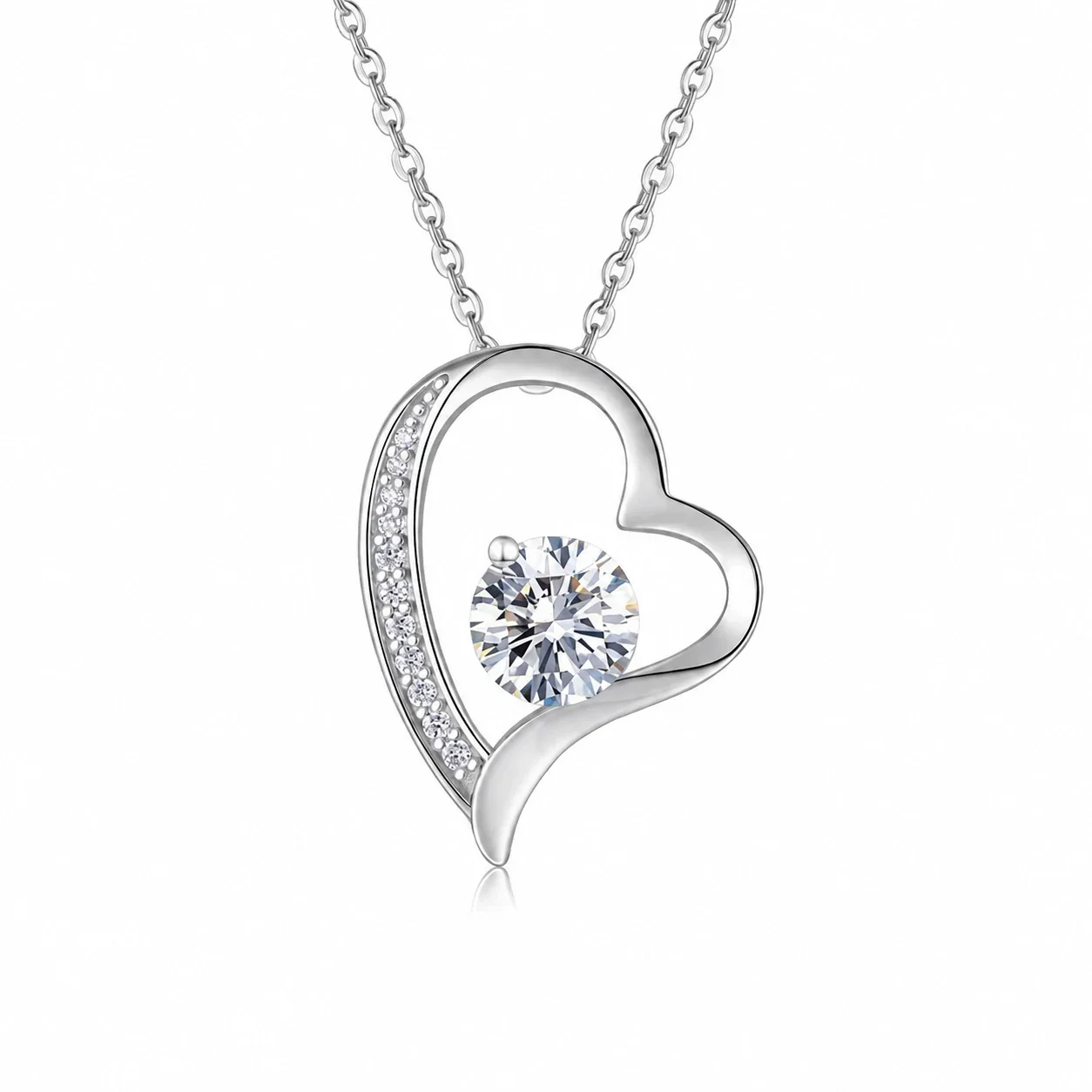 Intertwined Heart Pavé 925 Sterling Silver Moissanite Necklace - Silver 6.5 mm / 1 ct Moissanite Heart with Accent Stones and GRA Document