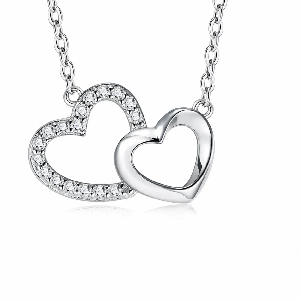 Intertwined Heart Pavé 925 Sterling Silver Moissanite Necklace - Silver 17-Stone 1.2 mm Moissanite with GRA Document