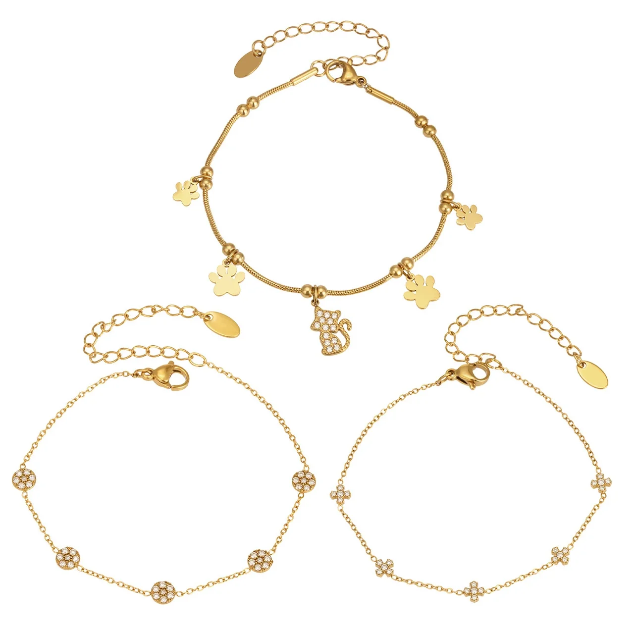 Playful Paw Charm Gold-Plated Snake Chain Bracelet